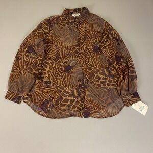 Maggie Sweet Leopard Print Blouse Top Large Brown Button‎ Down Long Sleeve NWT